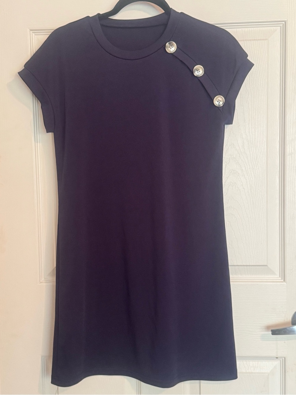 Navy Short-Sleeve Kids Dress with Accent Buttons